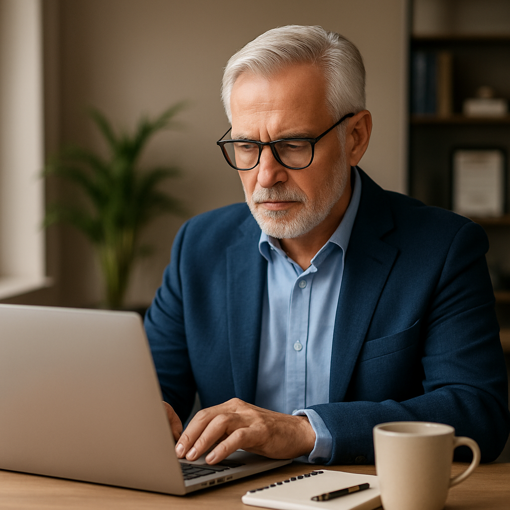 Profesional senior colaborando con un equipo en computador